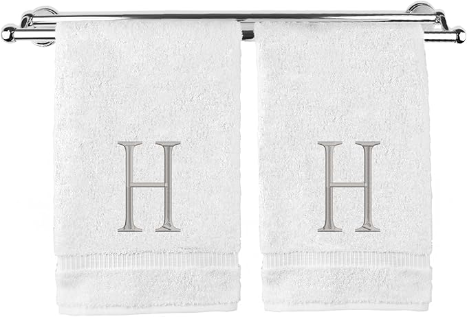 Monogrammed Hand Towel, Personalized Initial Gift, Extra Absorbent 100% Turkish Cotton - Soft Terry Finish - Set of 2 - Silver Block Initial H - Embroidered on White Towels