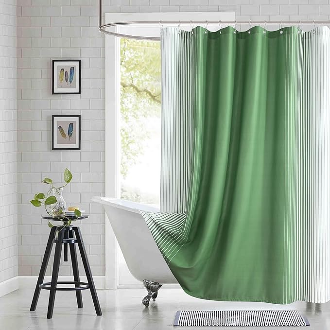 Extra Long Green Shower Curtain, Sage Green and White Gradient Vertical Stripe Waterproof Polyester Shower Curtains for Bathroom, 72x84 Inches