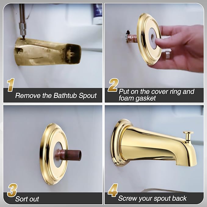 Dreyoo Metal Tub Spout Cover Ring, Bathtub Spout Trim Plate Ring with 1 Pcs Foam Gasket, 1-1/2 Inch ID and 3-5/8 Inch OD(Polished Brass)
