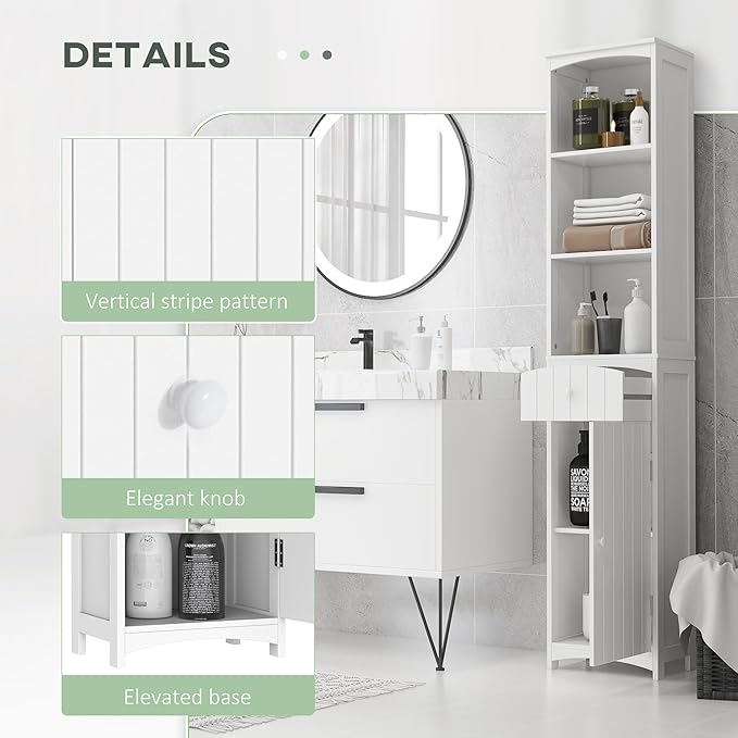 HOMCOM Bathroom Storage Cabinet, Free Standing Bathroom Storage Unit, Tall Linen Tower with 3-Tier Shelves and Drawer, White