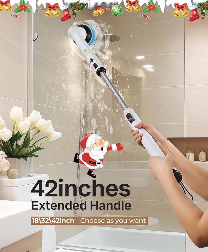 LyriFine Electric Spin Scrubber, New Full-Body IPX7 Waterproof Bathroom Cleaner Brush, Shower Scrubber with Long Handle & 2 Speed, Heads Replacement, Cleaning Supplies for Tub Shower Tile Floor
