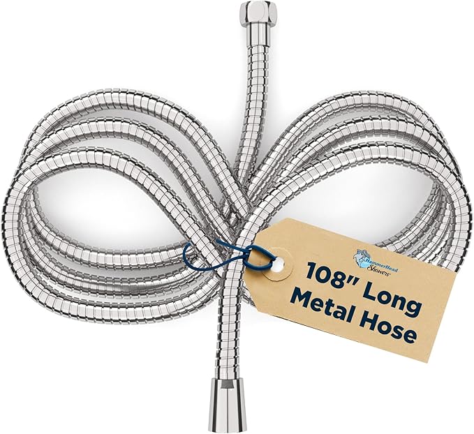 HammerHead Showers® Solid Metal 9 ft Shower Hose - CHROME – Extra Long 108” Attachment for Handheld Shower Head - Shower Hose Replacement