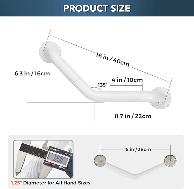 Grab Bars for Bathtubs and Showers- 1-1/4 x 16 Angled Shower Grab Bar for Seniors Knurled Stainless Steel Handicap Grab Bars for Wall (White, 2 Pack)