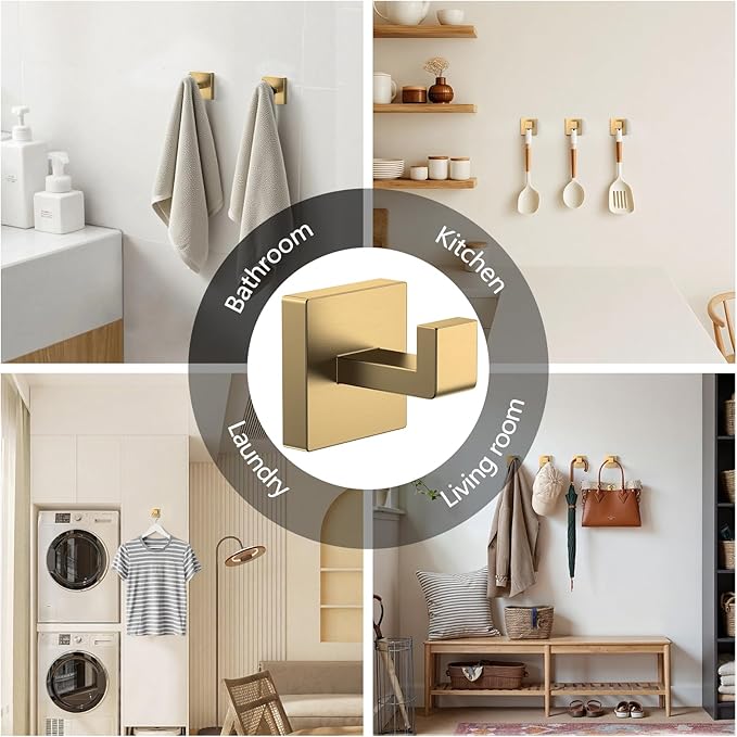 Kruodop 2 PCS Towel Hooks for Bathroom, Wall Mount Towel Holder, Black Matte Wall Robe Hook,Square Stainless Steel Door Hanger Towel Hook for Kitchen, Bedroom,Hotel,Pool,Coats（Gold）
