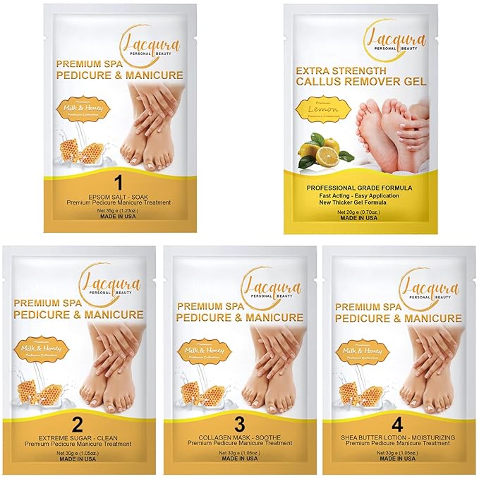 Epsom Salt Soak, Callus Remover Gel, Extreme Sugar Scrub, Collagen Mask & Shea Butter Lotion – Professional Spa Foot Care System 5 Step Luxury Pedicure Kit. Milk & Honey 50 Set
