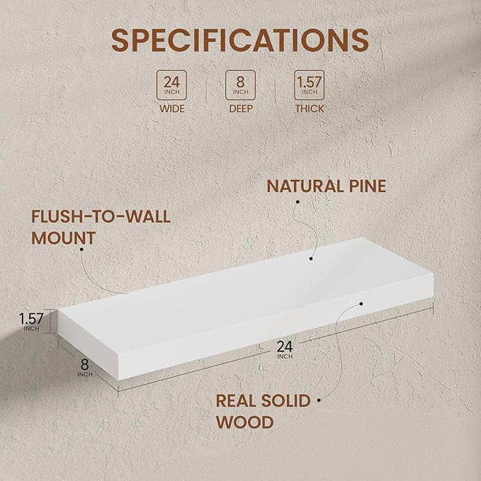 Heimlove 24 inch Floating Shelves for Wall,2 Packs Natural Pine Solid Wood Floating Shelves, 8 inches Deep Wooden Shelves for Kitchen Bedroom Office & Living Room Display Wall Decor
