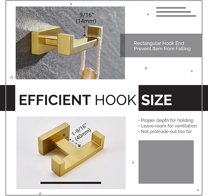 Angle Simple Towel Hook for Bathroom, SUS 304 Stainless Steel Hand Towel Holder, Double Robe Coat Hook for Wall, Brassy Gold