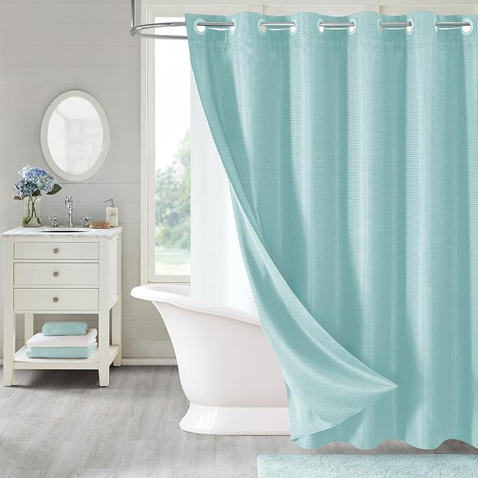 MitoVilla No Hooks Needed Turquoise Extra Long Shower Curtain Liner Set, Teal 86 inch XL Heavyweight Waffle Fabric Cloth Shower Curtains Set with Snap-in Liner for Modern Luxury Hotel Bathroom Decor