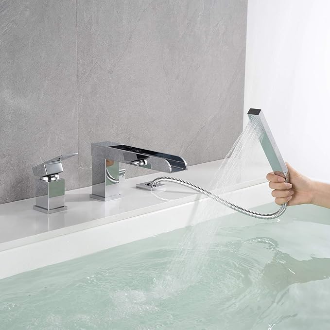 Waterfall Roman Tub Faucets Deck Mount Chrome Bathtub Faucets Brass Tub Filler Bathroom Faucets with Hand Shower