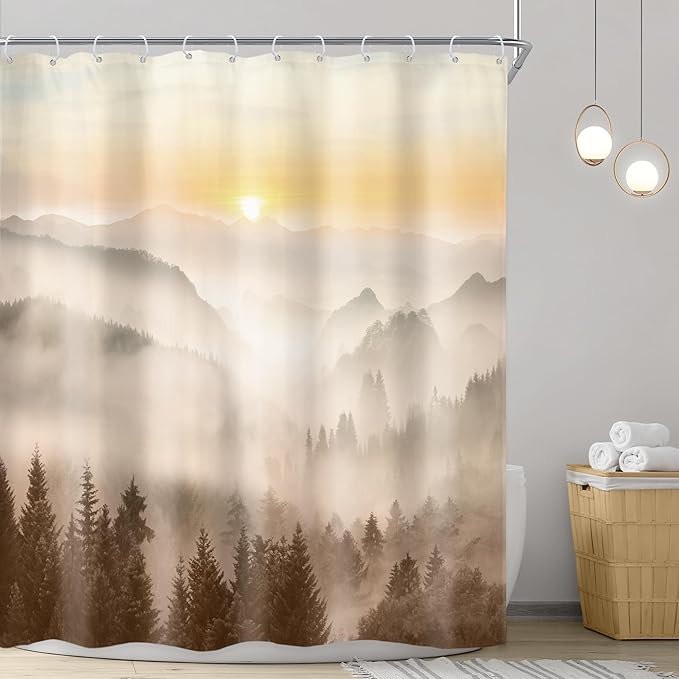 Riyidecor Misty Mountain Shower Curtain 60Wx72H Inch Brown Sunrise Nature Scenery Foggy Pine Tree Woodland Modern Natural Landscape Men Cool Bathroom Decor Fabric Polyester Waterproof 12 Pack Hooks