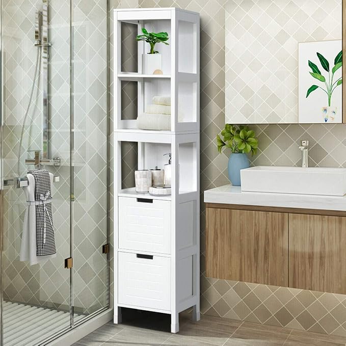 Tangkula Tall Bathroom Storage Cabinet, Freestanding 57" H Tall Slim Bathroom Floor Cabinet with 3 Tier Open Shelves and 2 Drawers, Multifunction Organizer Wooden Tower (White)
