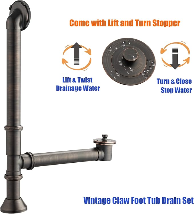 Artiwell Vintage Claw Foot Tub Drain Kit with Lift and Turn Bath Drain Stopper, 1-1/2" Brass Tubular Leg Tub Bathtub Waste and Overflow Drain Assembly with Drain Plug and Bathtub Overflow Cover