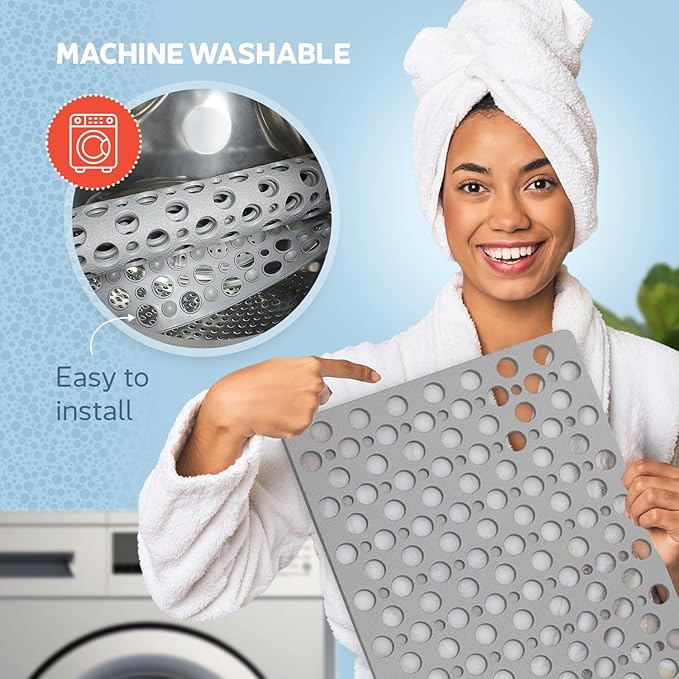 TEMIR Bathtub Mat Non Slip and Shower Mat with Suction Cups and Drain Holes, 30x17 in (75x43 cm), Soft Machine Washable Non Slip Bath Mat, Shower Mats for Inside Shower, Easy Dry&Cut (Gray)