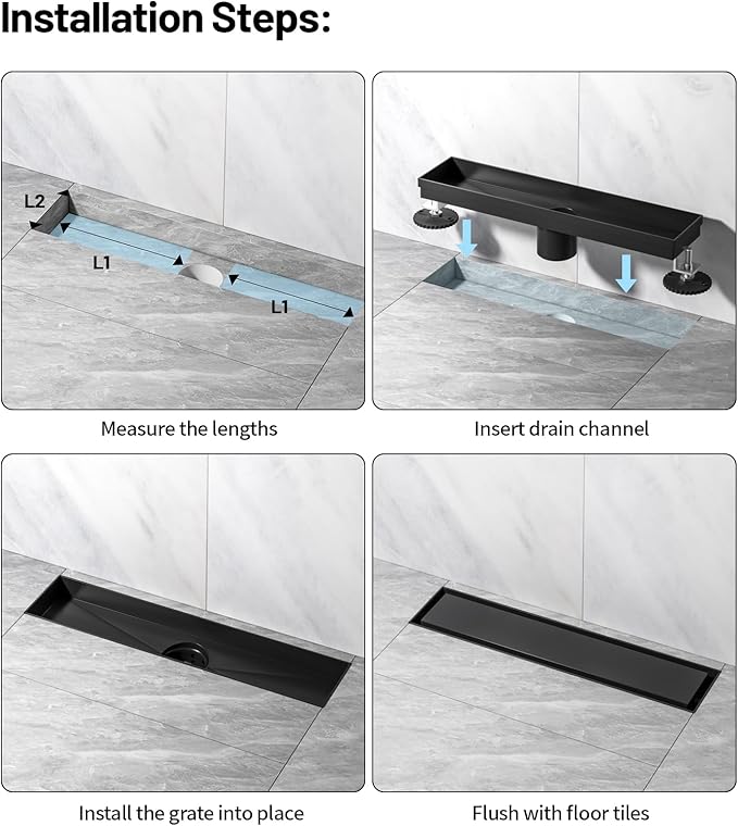 Linear Shower Drain, 304 Stainless Steel with Adjustable Leveling Feet, Hair Strainer,Reversely Install Place to Create an Invisible Floor Drain - Black -16-Inch