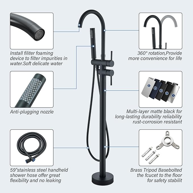 Freestanding Bathtub Faucet Matte Black Floor Mounted Tub Filler with Hand Shower 360 Degree Swivel Standing Spout Brass High Flow Mixer Taps