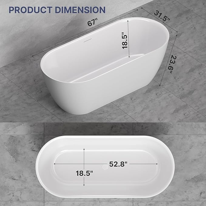 67" Acrylic Freestanding Soaking Bathtub, Modern Oval Acrylic Bath Tub with Pop-up Drain & Integrated Overflow for Soaking and Bathing, cUPC Certified, Glossy White Finish