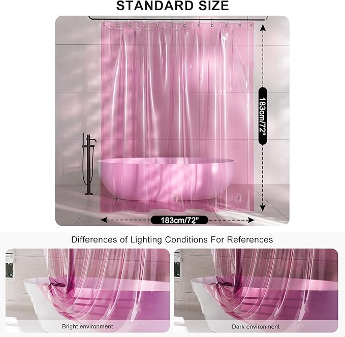AmazerBath Pink Shower Curtain Liner for Christmas Bathroom, 100% EVA Soft Clear Heavy Duty Shower Curtain and Liner 2-in-1, 72x72 Luxury Plastic Weighted Shower Liner Bathroom