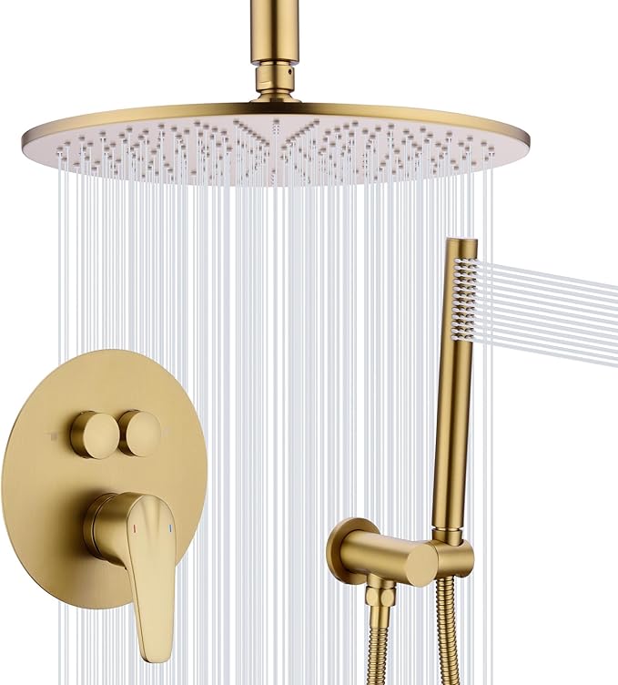 TRUSTMI 12 Inch Shower System with Pressure Balanced Valve Luxury Ceiling Mounted Rainfall and Handheld Shower Head Set Push Button Diverter, Brushed Brass Gold (Rough-In Valve and Trim Kit Include)
