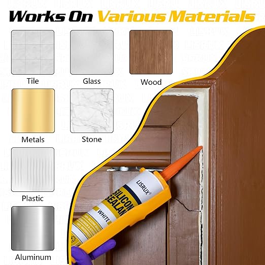 White Advanced Silicone Caulk, 100% Waterproof Silicone Sealant Indoor Outdoor Caulking for Window, Door, RV, Roof, Auto & Marine, Kitchen, Bathroom, Glass,15.2 oz（6-Pack） No Odor