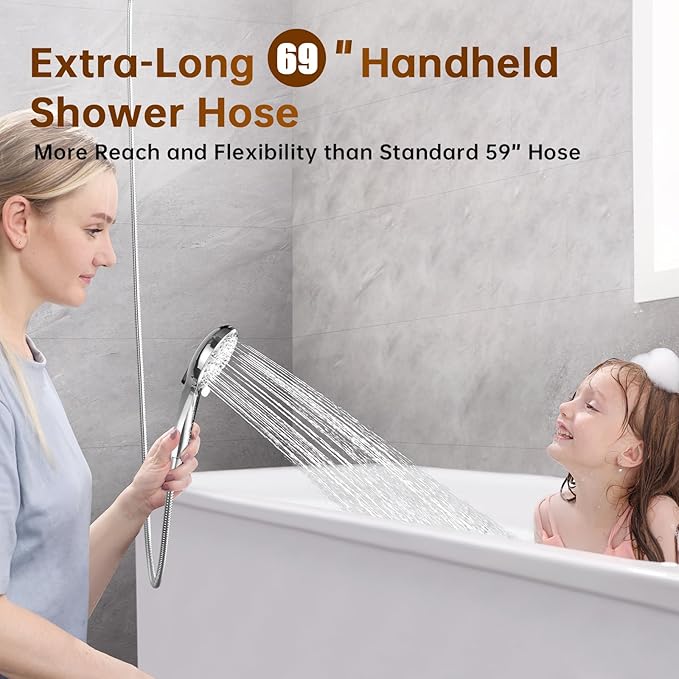 BRIGHT SHOWERS Rain Shower Head with Handheld Spray Built-in Power Wash, High Pressure Dual Shower Head with Height Adjustable Extension Arm, 3-Way Diverter, 9 Settings Handheld, 69” Long Hose, Chrome