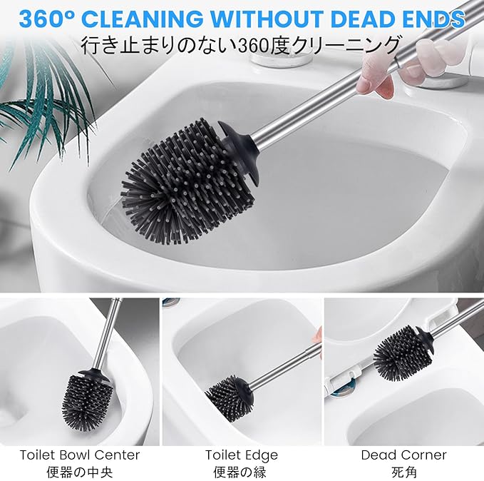 Stainless Steel Toilet Brush and Holder Toilet Brush Bowl Cleaning Brush Double Layer Holder Long Brush Handle High Density Silicone Head