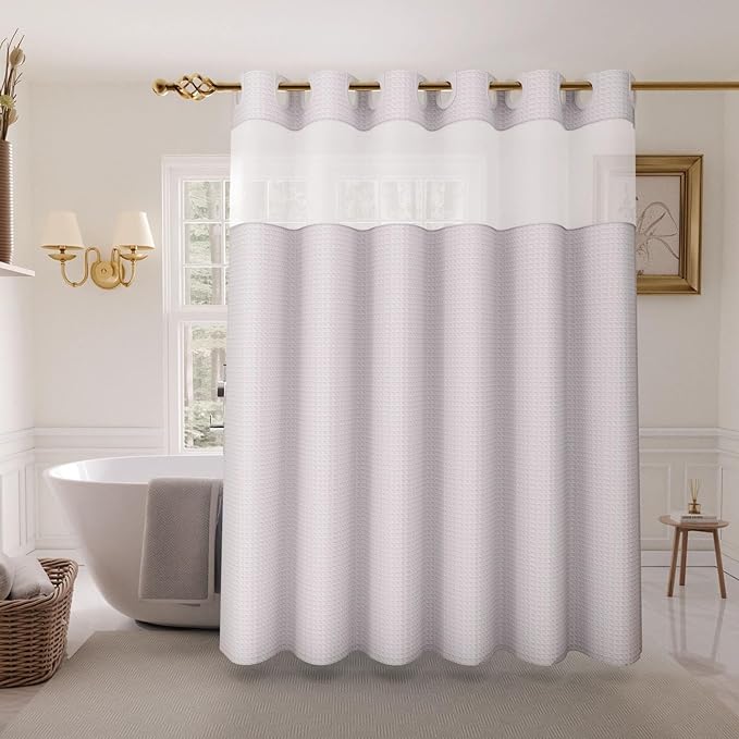 Inhousolu Stall No Hook Shower Curtain with Snap in Fabric Liner Set Waffle Weave 230GSM Weighted Hem, Waterproof & Washable Bathroom Curtain Spa Luxury with Mesh Top Window 60" W x 72" L White