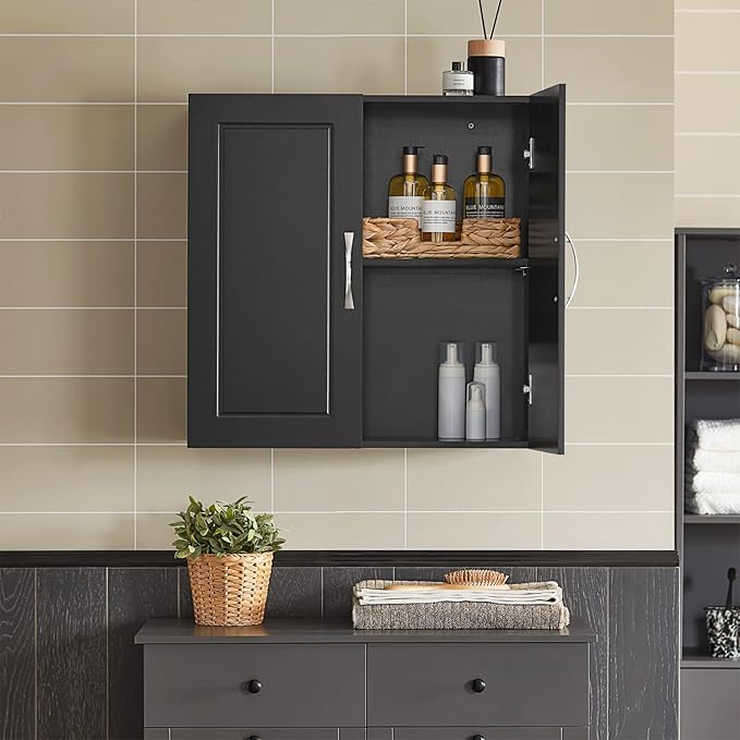 SoBuy Bathroom Kitchen Wall Cabinet, Garage or Laundry Room Storage Medicine Cabinet, Linen Tower Bath Cabine with Shelf, Black FRG231-SCH