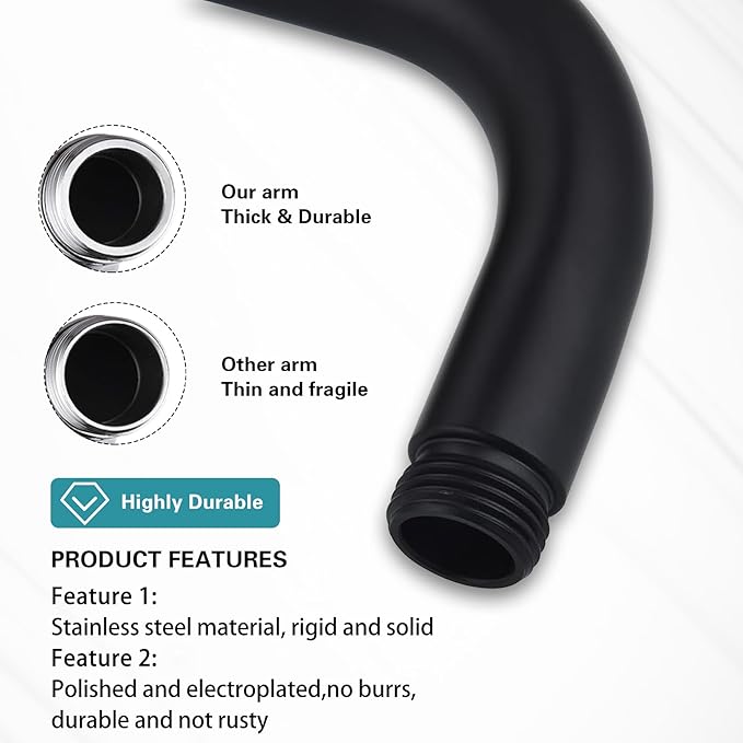 16 Inch Shower Arm with Flange,Stainless Steel 90 Degree Rain Shower Head Extension Arm,Wall-Mounted Shower Head Arm for Fixed Shower Head,Matte Black