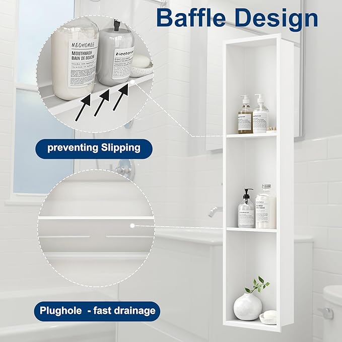 Neodrain 8X36 Inch White Three Layers Stainless Steel Shower Niche, NO Tile Needed Recessed Niche Shelf for Bathroom Storage, 3-Tier Recessed Built-in Wall Niche