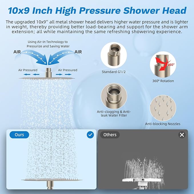 Hibbent cUPC Certified All Metal 10" Rainfall Showerhead Combo, High Pressure Shower Head with 10 Spray Handheld, Innovative 4-way Diverter with Pause Mode, 71'' Shower Hose and Holder, Brushed Nickel