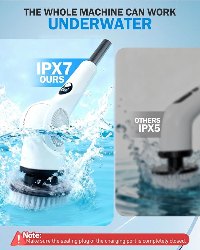 Electric Spin Scrubber, 3-Speed Cordless Shower Scrubber with 90° Adjustable & 10 Replaceable Brush Heads, 90 Mins Runtime & Full-Body IPX7 Waterproof Shower Cleaner Brush with Long Handle
