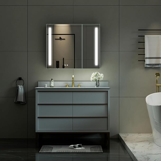WELLFOR 36" X 30" LED Medicine Cabinet with Mirror, Double Opening Door, Recessed or Surface Cabinet Mirror, Bathroom Mirror Cabinet, Medicine Cabinet with Lights with Outlets & USB Ports