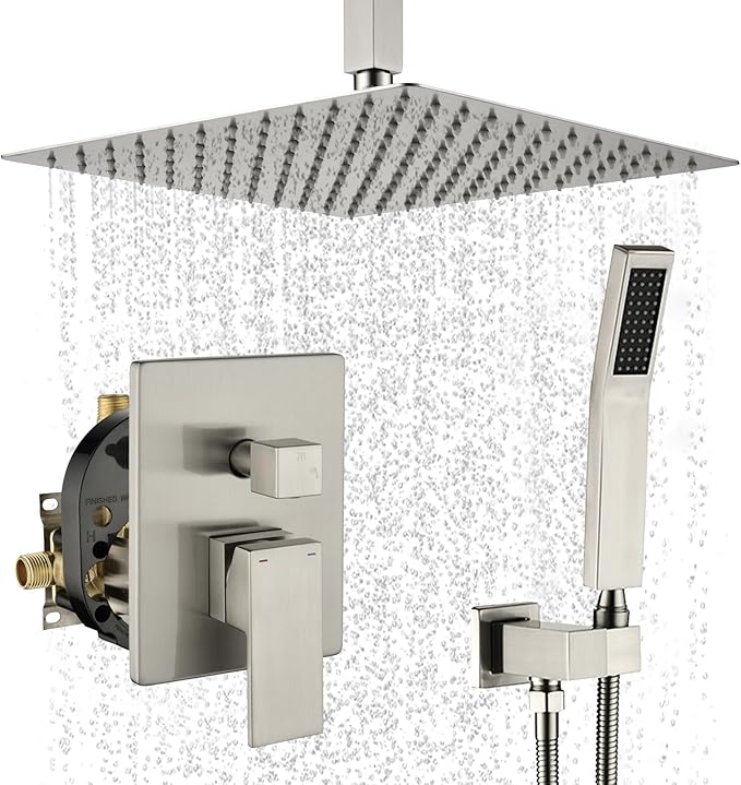 WELLFOR 12-In Ceiling Mount Shower System with Single Handle, Pressure-balanced Valve Included, Waterfall Dual Head Shower Head System, Rain Shower System, Shower Faucet Trim Kits, Brushed Nickel