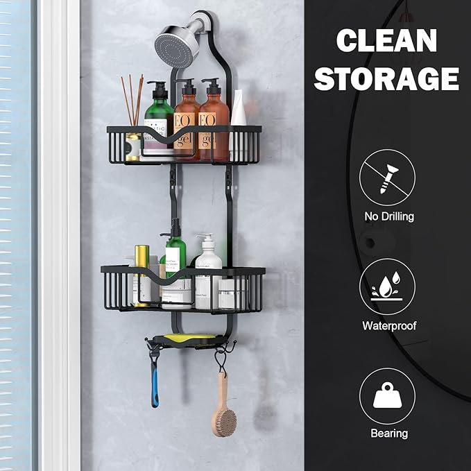 Kadolina Shower Caddy Hanging, Bathroom Organizer Rack, Shower Rack with Soap Dish, Over The Showerhead Caddy with Hooks for Razor/Sponge, Matte Black (Assembly Required)