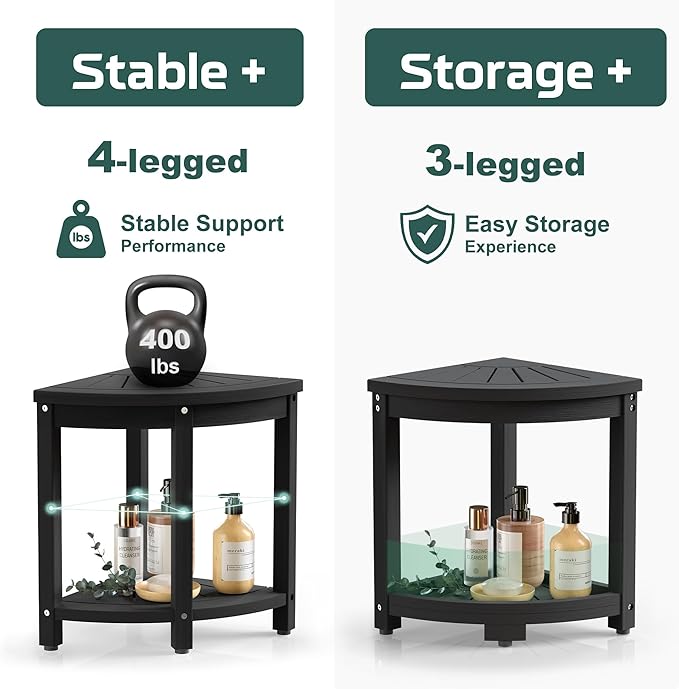 Waterproof Corner Shower Stool for Inside Shower, Poly Lumber Shower Bench Seat Chair, Bath Shower Stool for Shaving Legs Foot Rest with Storage Shelf, Adjustable & Non-Slip Feet, Black