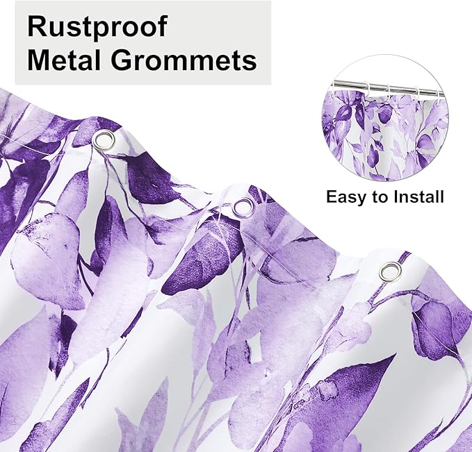 Colorful Star Purple Eucalyptus Waterproof Shower Curtain Set with Hooks, Minimalist Watercolor Floral Print Bathroom Décor, Plant Leaves Washable Fabric Shower Curtain, 72 x 72 Inch