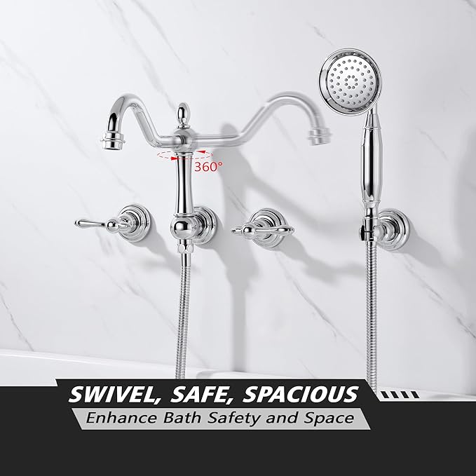 SUMERAIN Vintage Wall Mounted Bathtub Faucet with Hand Shower, High Flow Tub Filler Chrome Finish, Rough-in Valve Included