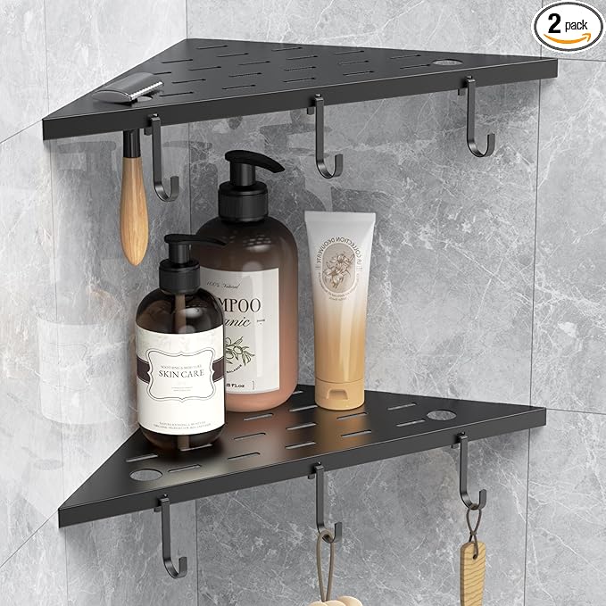 Corner Shower Shelf 10" Matte Black 304 Stainless Steel Recessed Shelf for Bathroom，Shower Corner Rack with Razor Hole Hook，Grout in Shelf for Tiled Wall, 2 Pack