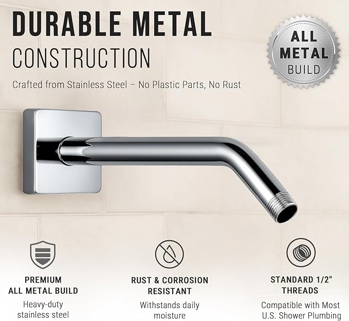 G-Promise All Metal 10-Inch Shower Arm with Flange, Wall-Mounted Stainless Steel Shower Pipe Replacement for Fixed and Handheld Shower Heads, Chrome