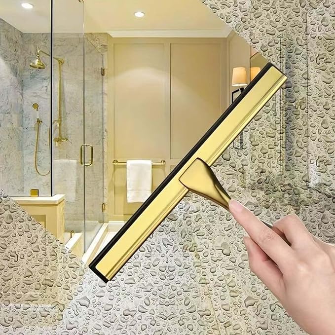 14-Inch Shower Squeegee, Stainless Steel Squeegee for Shower or Window Glass Door, Includes Two Spare Scrapers and one Adhesive Hook. (Gold, 14 in)