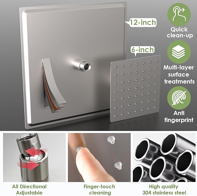 Enga Dual Shower Head System with Body Jets, 12"+ 6" Wall Mounted Dual Rain Shower Faucet with Valve Kit, Brushed Nickel