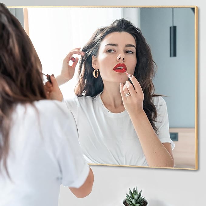 30x30 Inch Gold Bathroom Mirror, Copper-Free Mirror, Aluminum Alloy Frame Vanity Mirror, Rectangle Wall Mounted Mirror, Modern Mirror for Bedroom/Living Room/Porch Horizontal or Vertical
