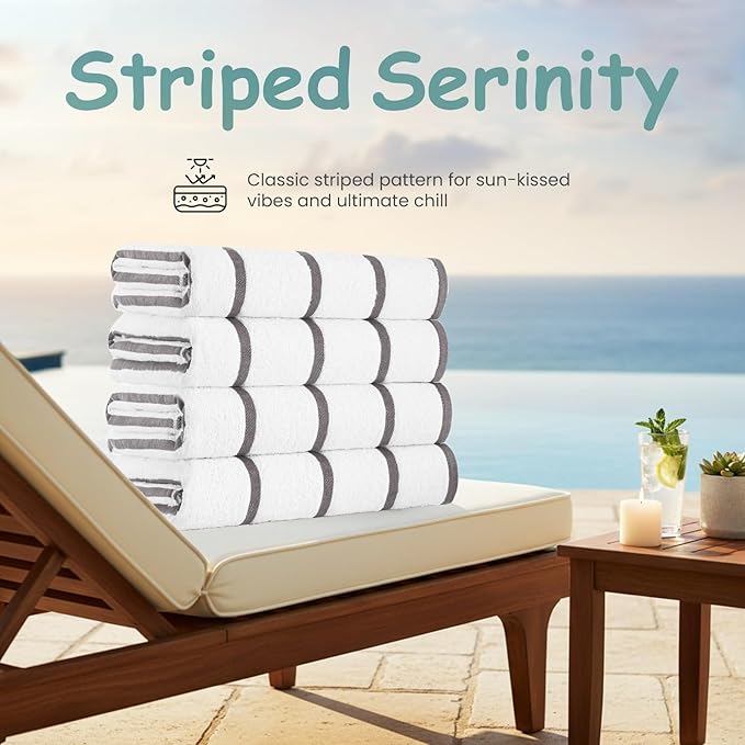 CASA COPENHAGEN Cabana Beach Towel Designed in Denmark Rough and Tough, Quick Dry, Pool, Bath & Shower 30x60 inches 4 Pieces Cotton Beach Bath Towels Set - White Grey Stripe