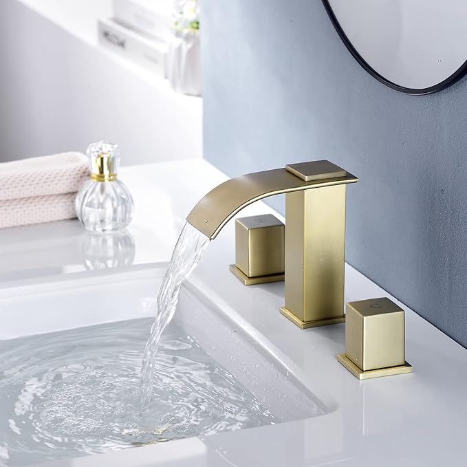 Luxury Brass 8 Inch Modern Widespread Waterfall Bathroom Sink Faucets with Copper Valve for 3 Hole 2-Handle Deck Bathroom Vanity Faucet, &Stainless Steel Pop-up Drain Assembly, Brushed Champagne Gold