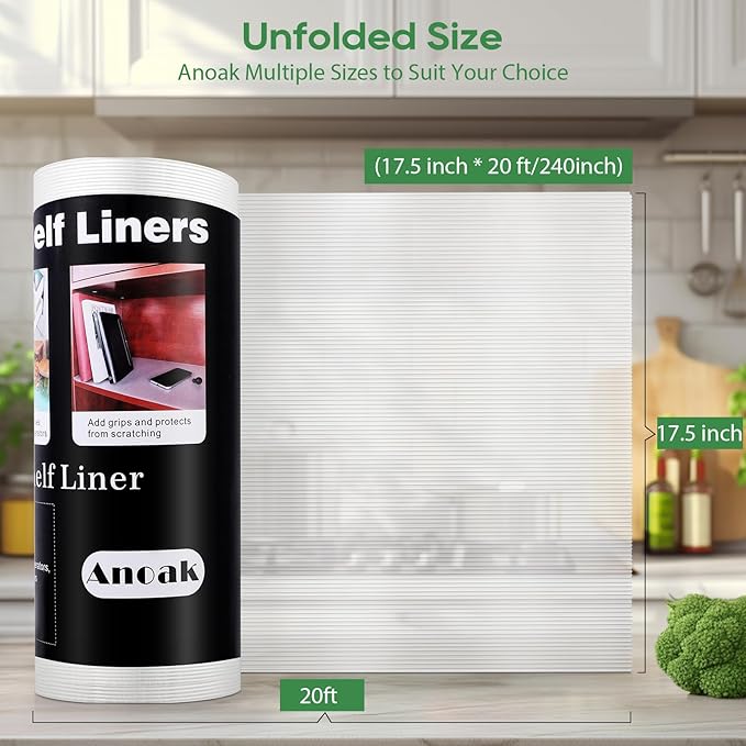 Anoak Shelf Liner Cabinet Liner, Non Adhesive Drawer Liner, Washable 17.5 Inch x 20 FT(240 Inch) x 2Rolls Waterproof Durable Non-Slip Shelf Liner for Kitchen, Drawer, Refrigerator Stripe Clear