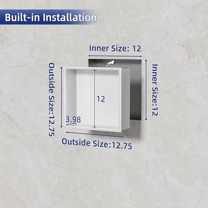 No Tile Needed Shower Niche - 12"x12" White 304 Stainless Steel Recessed Shelf,Over Mount Installation for Bathroom & Shower Wall,Waterproof