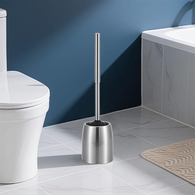 Toilet Brush and Holder Set Stain Nickle Stainless Steel 12In Handle BristlesToilet Bowl Brush Cepillo para Baños Bathroom Brushes Cleaning Brush with Case Anti-Rust Brushed Silver