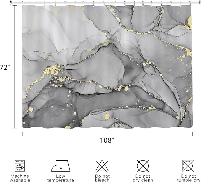 Extra Wide Marble Shower Curtain 108 x 72, Grey Abstract Shower Curtains for Claw Foot Tub, Modern Luxury 108 inch Long Shower Curtain Set with 18 Pack Plastic C-Hooks