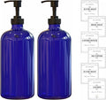 16 OZ Cobalt Blue Glass Soap Dispenser with Plastic Pump 2 Pack, Hand and Dish Soap Dispenser Set for Bathroom and Kitchen Sink with 6 Waterproof Labels