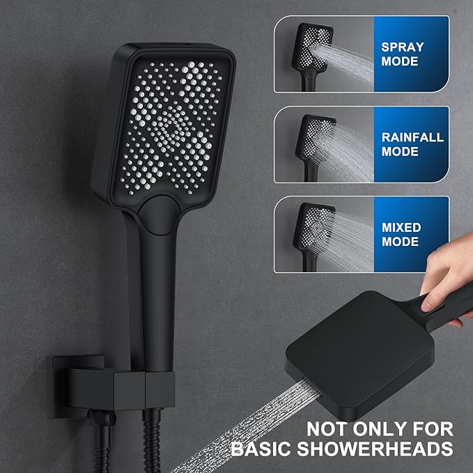 Bathtub Shower Faucet Set with Pressure Balance Valve, 12" Ceiling Mount Shower System with Tub Spout Multi-function Handheld Head Push Button Diverter Shower Trim Kit, Matte Black